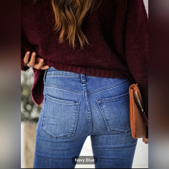 Women's Navy Blue Mid Rise Slim Fit with Classic Flare Leg Raw Hem Denim Jeans - Picture 5 of 5